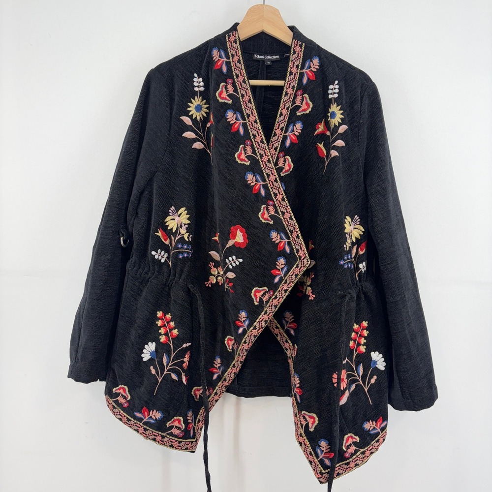 Tolani Collection Black Floral Embroidered Wrap Cardigan Jacket